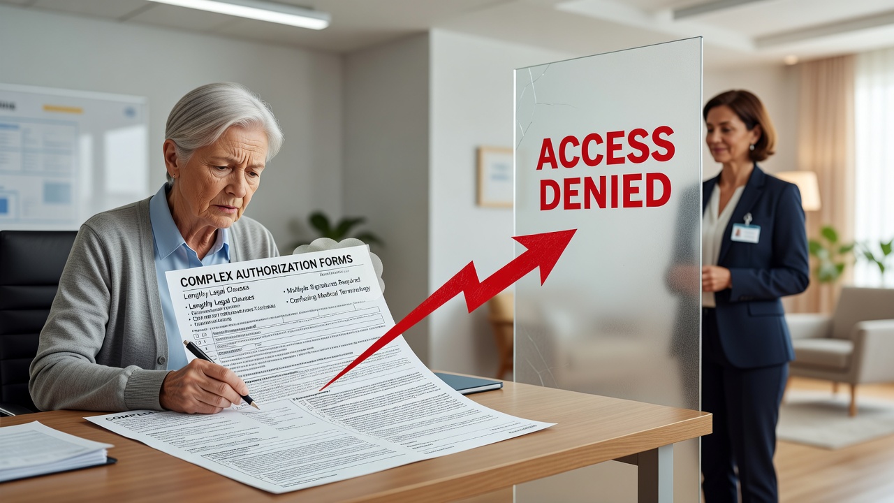 Healthcare administrator assisting an older adult with digital form submission on a tablet