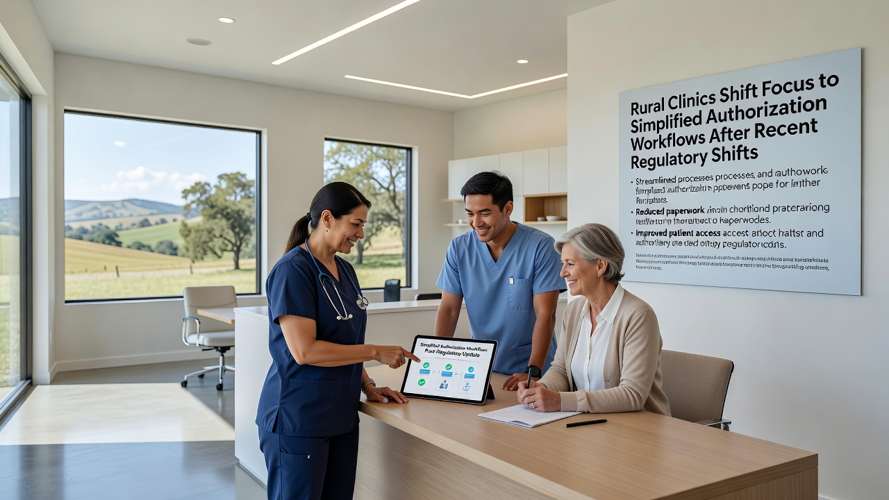 Healthcare administrator at a rural clinic desk organizing simplified authorization documents next to a tablet displaying workflow software